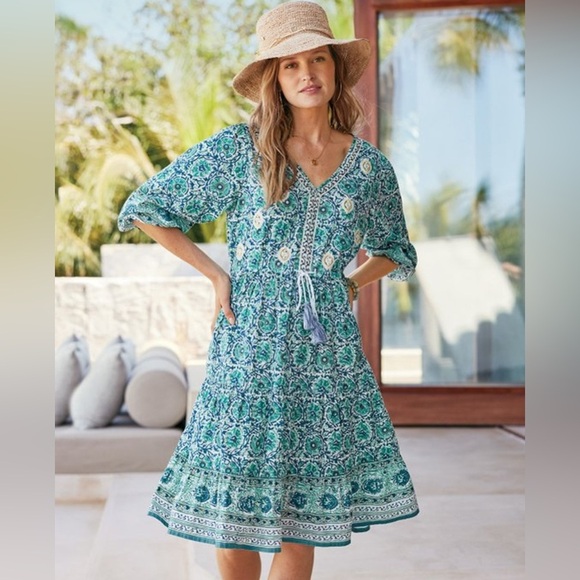 Soft Surroundings Nerisa Embroidered Printed Dress | Blue Batik Style | Size M - Picture 4 of 16